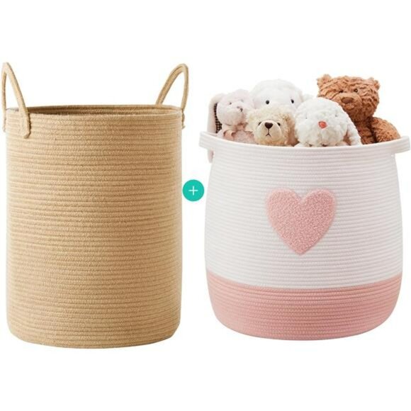 Large Pink Cotton Rope Laundry Basket Hamper Woven Storage Bin for Toys Blanket - Picture 1 of 8
